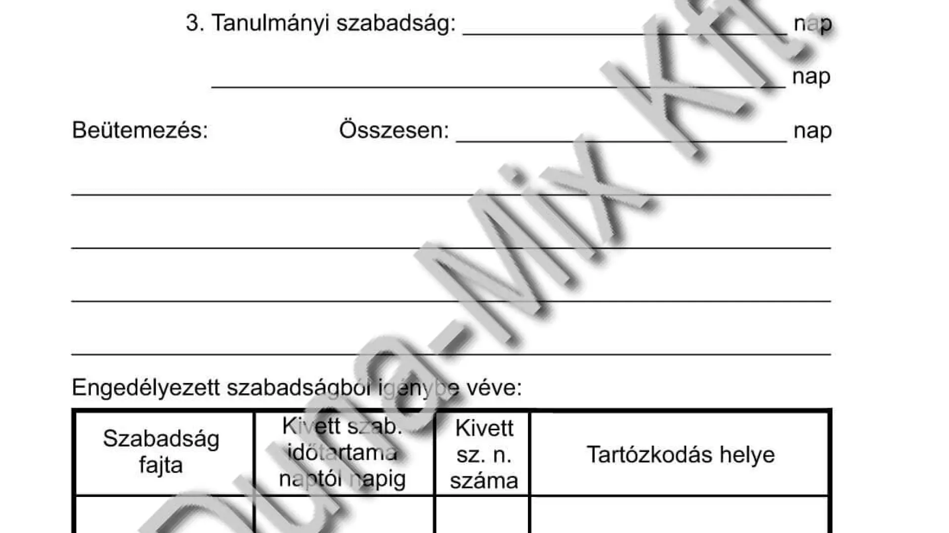 Szabadság-nyílvántartó lap